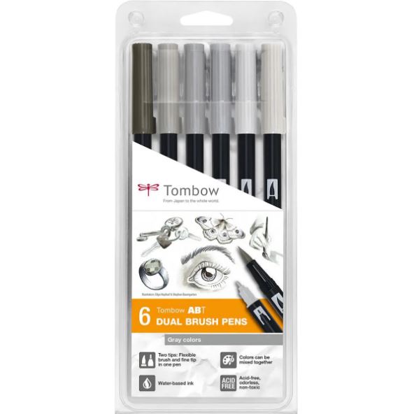 Tombow Dual Brush Set 6 Gray Colors